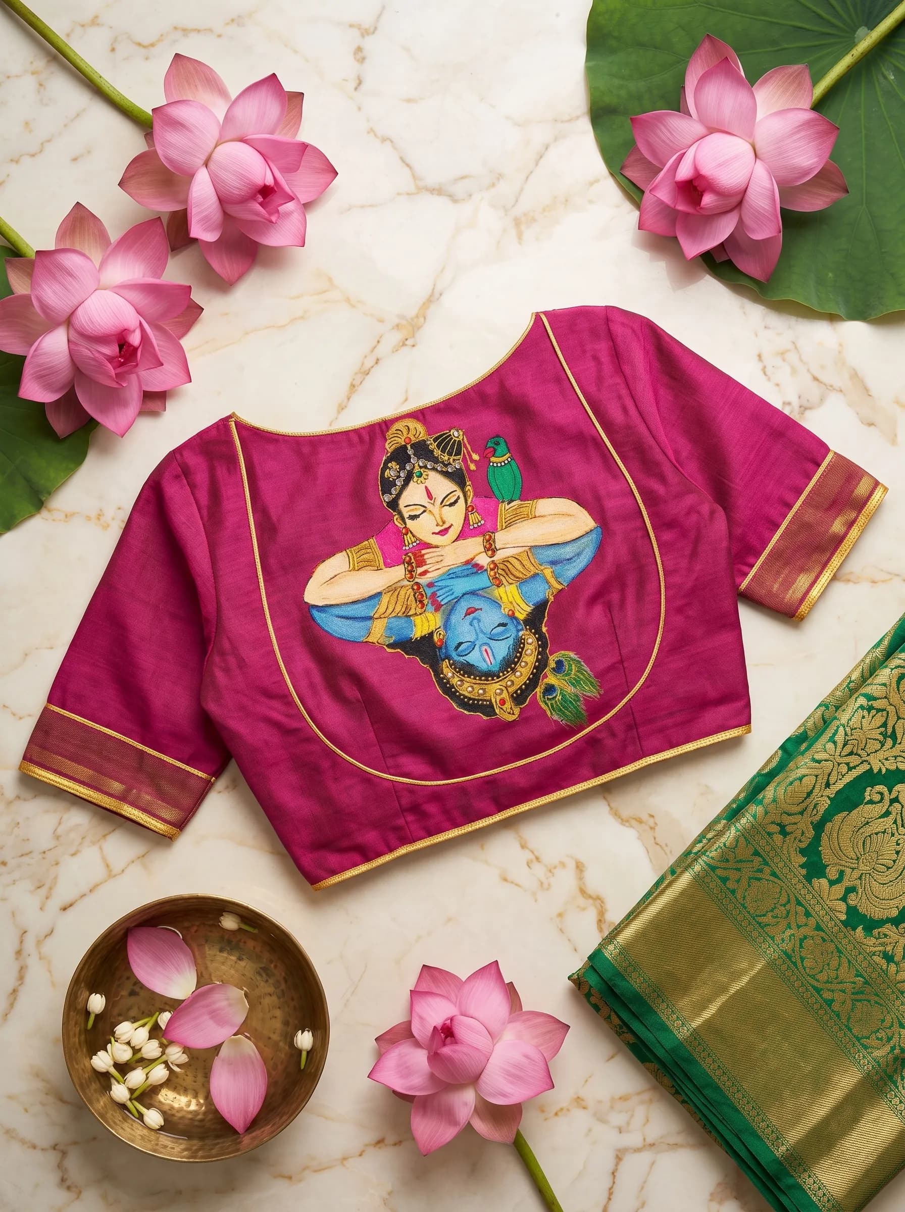Hand-Painted Radha Krishna Art Silk Blouse – Magenta Designer Readymade Blouse